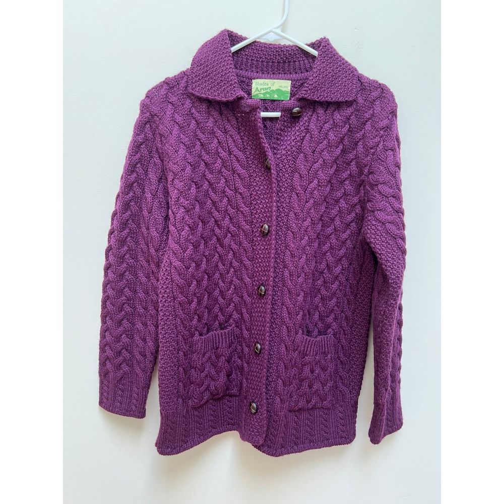 Shades of Aran Cardigan Women's L Purple New Merino Wool Cable Knit Vintage NEW